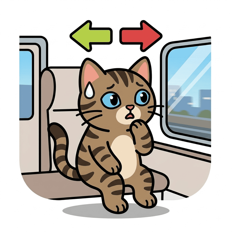 逆方向に乗ったかもと不安なキジトラ猫